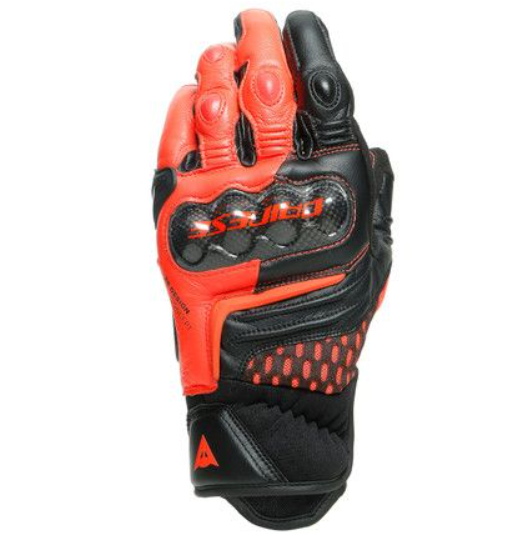 Guantes cortos de piel Dainese Carbon 3 en color negro y rojo fluorescente